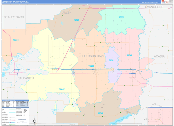 Jefferson Davis Parish (County), LA Wall Map Color Cast Style